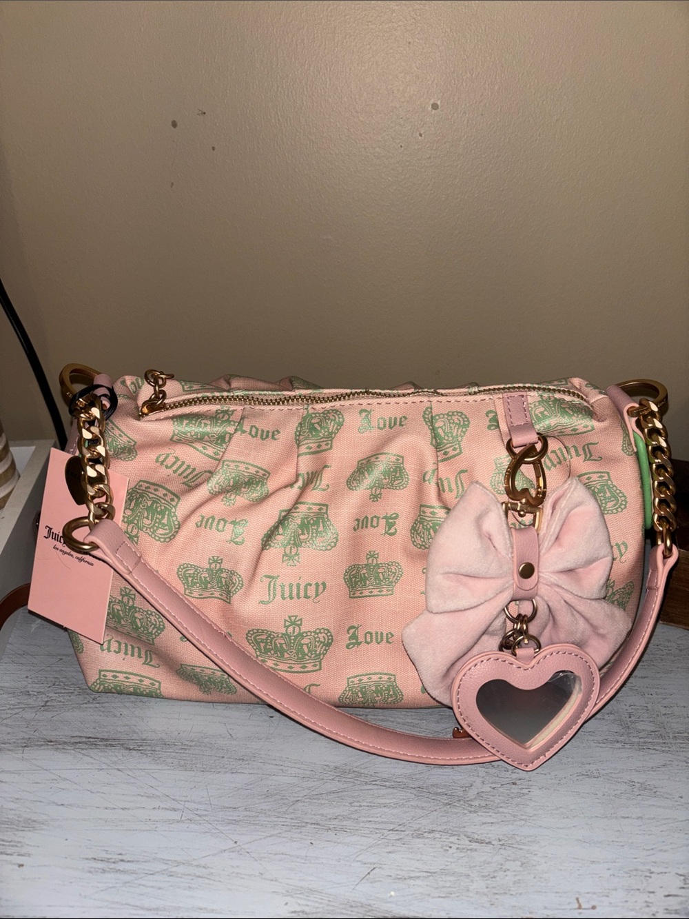 Juicy Couture Pink and Mint Logo Bow Heart Shoulder Bag